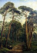 Thomas Creswick (1811-1869)oil on canvas,Figures seated in an avenue of pine trees,23.5 x 17.5in.