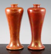 A pair of Ruskin orange lustre meiping shaped vases, c.1920, impressed marks including date 1920,