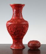 A Chinese cinnabar lacquer vase and a similar incense box and cover, mid 20th century, the vase of