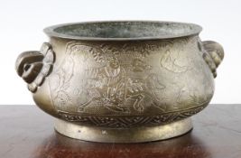 A Chinese bronze ding censer, Xuande mark, early 20th century, engraved and chased with figures in