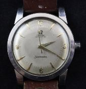 A gentleman`s 1950`s stainless steel Omega Seamaster automatic wrist watch, with baton and