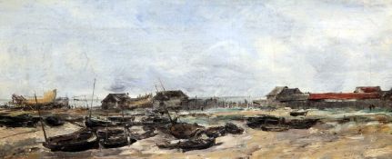 Antoine Vollon (1833-1900)oil on canvas,Fishing boats at low tide,signed,8.75 x 20.5in.