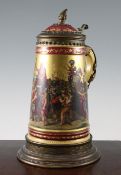 A large Dresden porcelain and gilt metal mounted stein and cover, late 19th century, painted with a