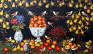 Studio of Miguel Canals (1925-1995)oil on canvas,Table top still life with birds and fruit in bowls