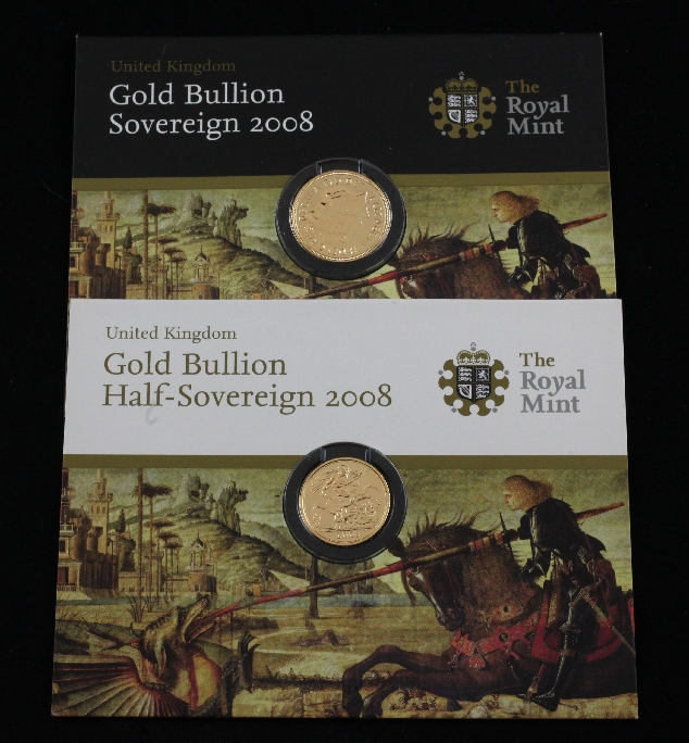 A 2008 Royal Mint gold proof full sovereign and half sovereign, each in a card setting.