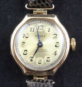 A lady`s 1920`s 9ct gold Rolex manual wind wrist watch, retailed by Wightman, Londonderry, with