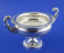 A 19th century Danish demi fluted silver two handled pedestal bowl, with flying scroll handles and