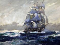 § Frank Henry Mason (1876-1965)oil on card.Naval frigate in full sail,signed,21 x 29in.