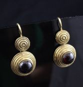 A pair of Victorian gold and cabochon garnet set drop earrings, of domed form, with rope twist
