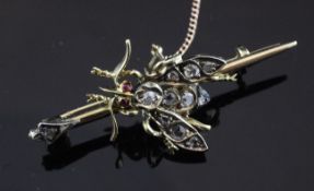 A late Victorian gold and silver, rose cut diamond and cabochon ruby set bug bar brooch, with