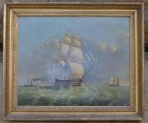 Mid 19th century English Schooloil on canvas,Frigate and paddlesteamer at sea,16 x 20in.