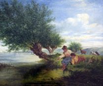 Victorian Schooloil on canvas,Goatherds beside a lake,12 x 14in.