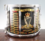 A Premier Military snare drum to the Royal Irish Rangers, decorated with the Regimental emblem and