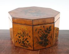 A Sheraton revival octagonal satinwood box, with painted floral decoration, 11.25in.