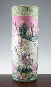 A Chinese moulded famille rose cylindrical vase or stick stand, 19th century, decorated with