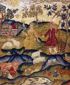 A late 17th century needlework panel, depicting a shepherd and his wife, with sheep, cows and
