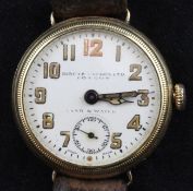 A gentleman`s 1920`s 9ct gold manual wind wrist watch retailed by Birch & Gayden Ltd, London, with