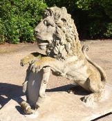 A composition stone lion, standing on associated concrete base, total height is 1200mm, base is