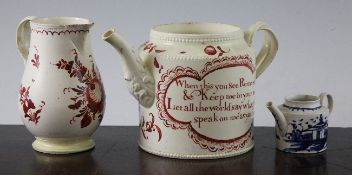 A creamware teapot, a similar milk jug and a pearlware toy teapot, late 18th century, the