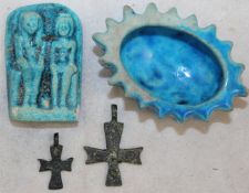 An Egyptian turquoise glazed faience bowl and a similar plaque, c.3rd-5th century BC, the small