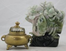 A Chinese jadeite carving of Shou Lao and a bronze censer and cover, 20th century, the carving with