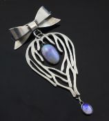 A 20th century stylish silver and white opal set drop pendant brooch, of pierced inverted pear