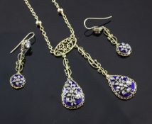 A Victorian 15ct gold, blue enamel and diamond set suite of jewellery, comprising drop pendant