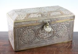 A large Cairo ware rectangular casket, with silver and cooper inlays and Arabic script, 14in.