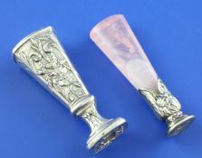 Two late 19th/early 20th century French silver seals, with rose quartz or embossed silver stems,