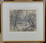 Anne Estelle Rice (1877-1959)pencil drawing,Fisherman by a river amongst trees,Fosse Gallery label