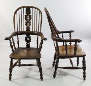 A pair of 19th century yew wood and elm Windsor chairs, probably Yorkshire with pierced wavy splat,