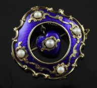 An early Victorian gold, blue guilloche enamel and split pearl set pendant brooch, with inscription