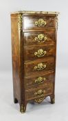 A late 19th / early 20th century French marble top and ormolu mounted parquetry rosewood chest, of
