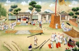 A Chinese School gouache painting of an archery event, 19th century, with archers and military