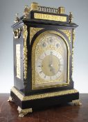 A Victorian ormolu mounted ebonised chiming bracket clock, the dial with chime silent / slow fast