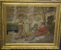 A 19th century woolwork picture depicting Highland figures in a rural setting, framed and glazed,