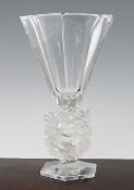 A Lalique `Mesanges` pattern vase, post-war, with clear facetted hexagonal bowl and frosted and