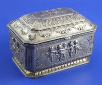 A 19th century continental silver casket, of rectangular form with canted corners and embossed with
