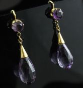 A pair of gold and briolette amethyst drop earrings, 1.5in.