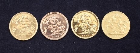 Four gold half sovereigns, 1902,1911,1937 & 2000.