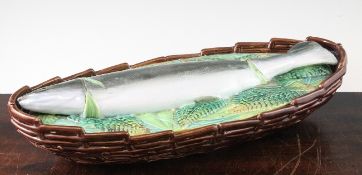 A George Jones Majolica fish tureen and cover, late 19th century, the cover modelled in high relief