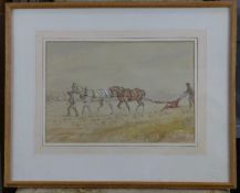 Attributed to J.F. Herring Jnrwatercolour,Plough horses with the hunt beyond,9.5 x 14in.