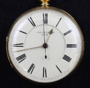 A 19th century 18ct gold keywind lever chronograph pocket watch by C.H. Pugh, Rotherham, in leather