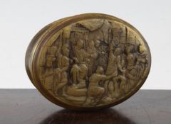 A 19th century oval pressed horn snuff box, the lid decorated with the judgement of Solomon, 4in.