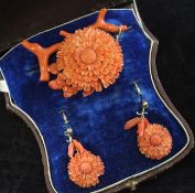 A suite of coral and gold mounted jewellery, late 19th century, each piece carved with