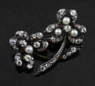 A late Victorian gold and silver, diamond and seed pearl double shamrock brooch, 1.25in.