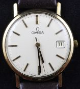 A gentleman`s gold Omega manual wind wrist watch, with baton numerals and date aperture, on later