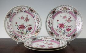 A set of four Chinese export famille rose plates, early Qianlong period, each painted to the centre