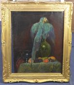 Edward Sermonoil on canvas,Still life with a parrot perched upon a vase,initialled,30 x 24in.