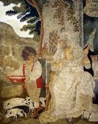 After George Morland. A silk and woolwork picture `The Cottage Wife`, with verre eglomise surround,